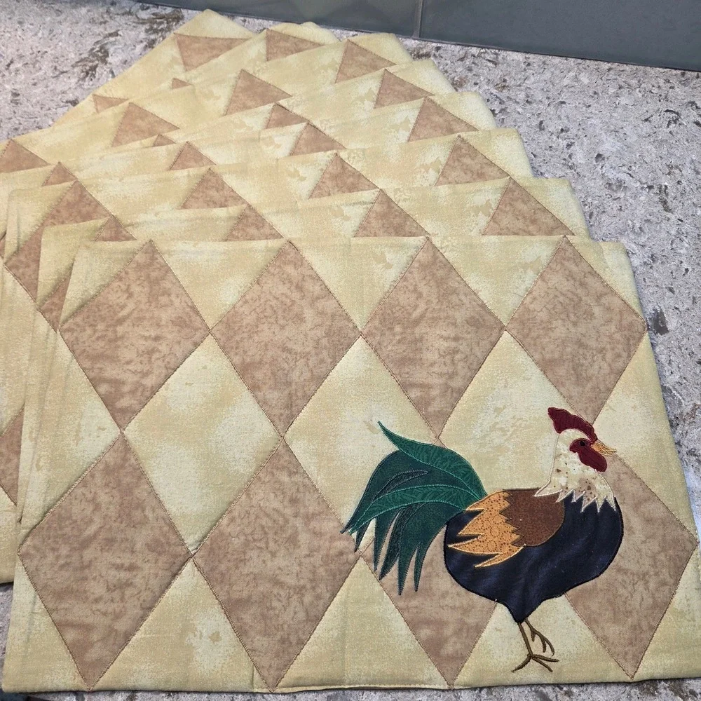 Midwestern Home Products Quilted Rooster Placemats Tan HarlequinI 8 Farmhouse